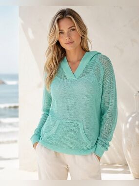 Shirt 469 Aqua Blue Open Knit Hoodie Women’s Medium Linen Cotton Blend Coastal